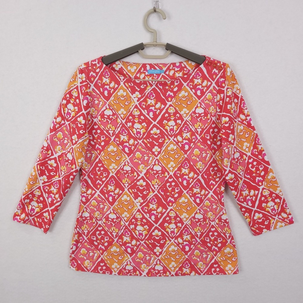 J. McLaughlin‎ Top Shirt Catalina Cloth Red Orange Floral Diamond Boatneck Small